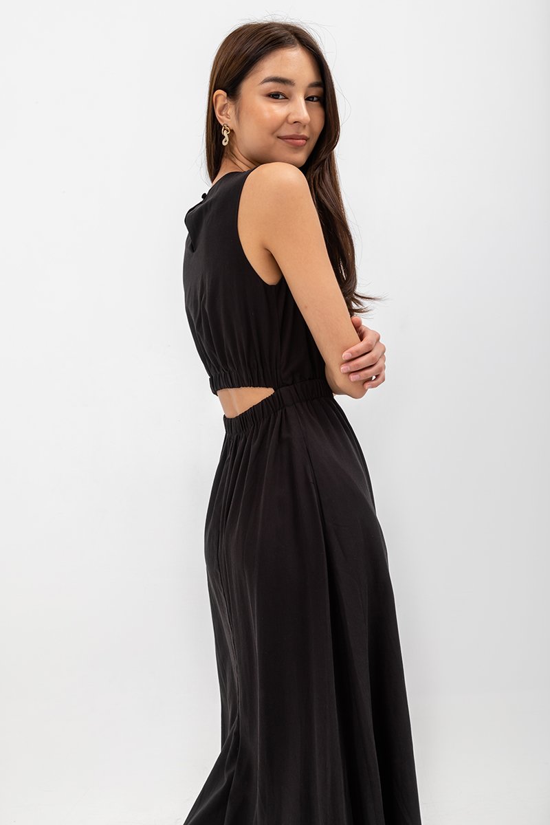 SKYLER TENCEL BACK CUT OUT ELASTIC WAISTBAND MIDI DRESS