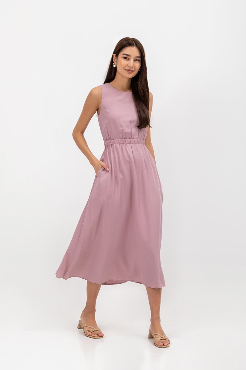 SKYLER TENCEL BACK CUT OUT ELASTIC WAISTBAND MIDI DRESS