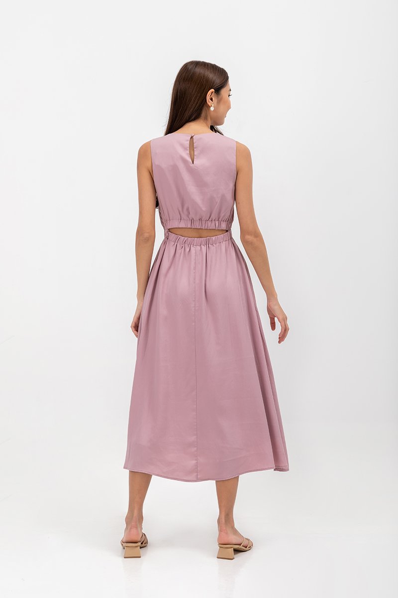 SKYLER TENCEL BACK CUT OUT ELASTIC WAISTBAND MIDI DRESS