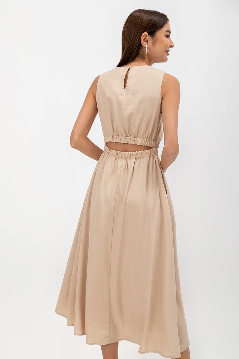SKYLER TENCEL BACK CUT OUT ELASTIC WAISTBAND MIDI DRESS