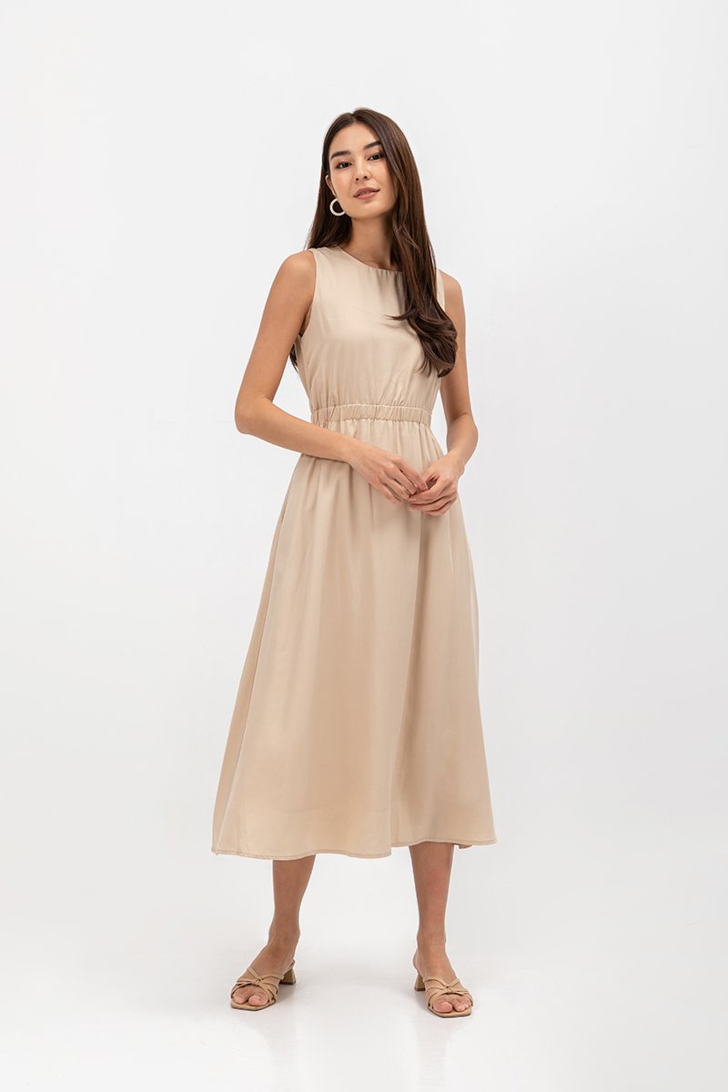SKYLER TENCEL BACK CUT OUT ELASTIC WAISTBAND MIDI DRESS