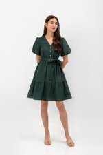 GRETAL V NECK BUTTONDOWN TIERED MINI LINEN DRESS  GRETAL V NECK BUTTONDOWN TIERED MINI LINEN DRESS