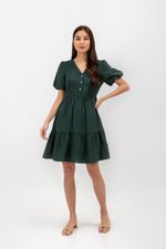 GRETAL V NECK BUTTONDOWN TIERED MINI LINEN DRESS  GRETAL V NECK BUTTONDOWN TIERED MINI LINEN DRESS