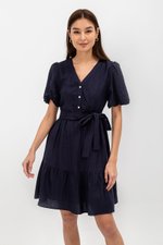GRETAL V NECK BUTTONDOWN TIERED MINI LINEN DRESS  GRETAL V NECK BUTTONDOWN TIERED MINI LINEN DRESS