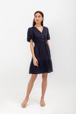 GRETAL V NECK BUTTONDOWN TIERED MINI LINEN DRESS  GRETAL V NECK BUTTONDOWN TIERED MINI LINEN DRESS