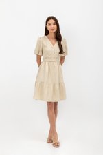 GRETAL V NECK BUTTONDOWN TIERED MINI LINEN DRESS  GRETAL V NECK BUTTONDOWN TIERED MINI LINEN DRESS