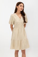 GRETAL V NECK BUTTONDOWN TIERED MINI LINEN DRESS  GRETAL V NECK BUTTONDOWN TIERED MINI LINEN DRESS