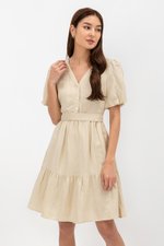 GRETAL V NECK BUTTONDOWN TIERED MINI LINEN DRESS  GRETAL V NECK BUTTONDOWN TIERED MINI LINEN DRESS