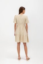 GRETAL V NECK BUTTONDOWN TIERED MINI LINEN DRESS  GRETAL V NECK BUTTONDOWN TIERED MINI LINEN DRESS