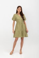 GRETAL V NECK BUTTONDOWN TIERED MINI LINEN DRESS  GRETAL V NECK BUTTONDOWN TIERED MINI LINEN DRESS
