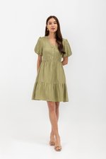 GRETAL V NECK BUTTONDOWN TIERED MINI LINEN DRESS  GRETAL V NECK BUTTONDOWN TIERED MINI LINEN DRESS
