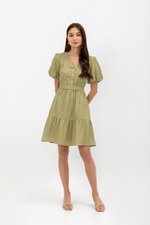 GRETAL V NECK BUTTONDOWN TIERED MINI LINEN DRESS  GRETAL V NECK BUTTONDOWN TIERED MINI LINEN DRESS