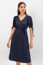 URSA V NECK TIE SLEEVES MIDI DRESS W SASH