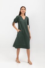 URSA V NECK TIE SLEEVES MIDI DRESS W SASH