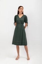 URSA V NECK TIE SLEEVES MIDI DRESS W SASH