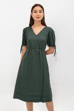 URSA V NECK TIE SLEEVES MIDI DRESS W SASH