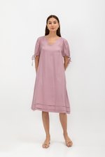 URSA V NECK TIE SLEEVES MIDI DRESS W SASH