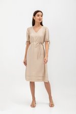 URSA V NECK TIE SLEEVES MIDI DRESS W SASH