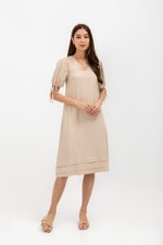 URSA V NECK TIE SLEEVES MIDI DRESS W SASH
