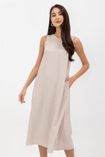 NAILA HIGH V NECK SLEEVELESS MIDI DRESS
