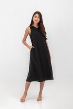 NAILA HIGH V NECK SLEEVELESS MIDI DRESS