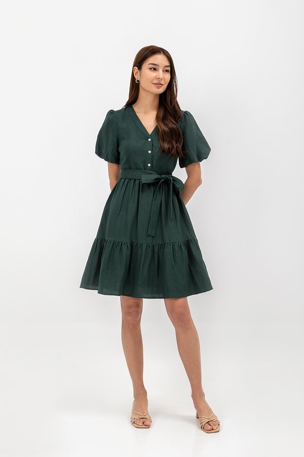  GRETAL V NECK BUTTONDOWN TIERED MINI LINEN DRESS