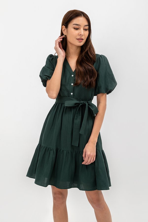  GRETAL V NECK BUTTONDOWN TIERED MINI LINEN DRESS