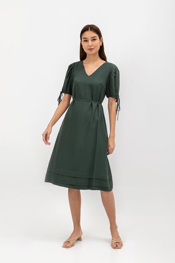 URSA V NECK TIE SLEEVES MIDI DRESS W SASH