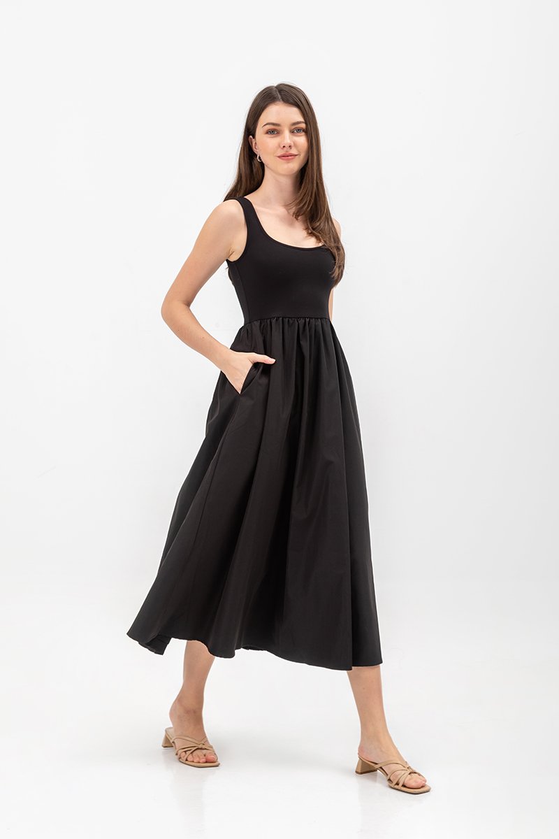 ADORA CONTRAST FABRIC SCOOPNECK MIDI DRESS