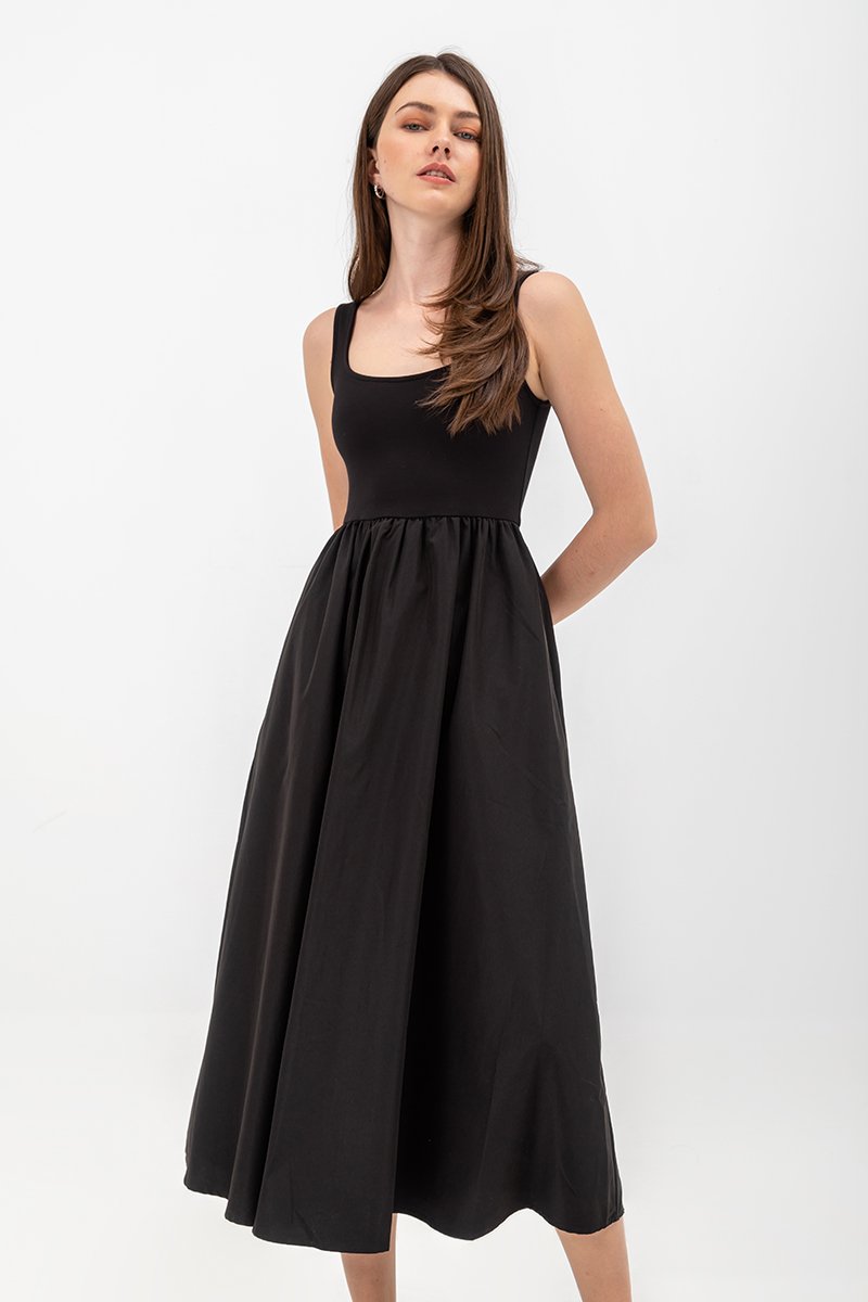 ADORA CONTRAST FABRIC SCOOPNECK MIDI DRESS