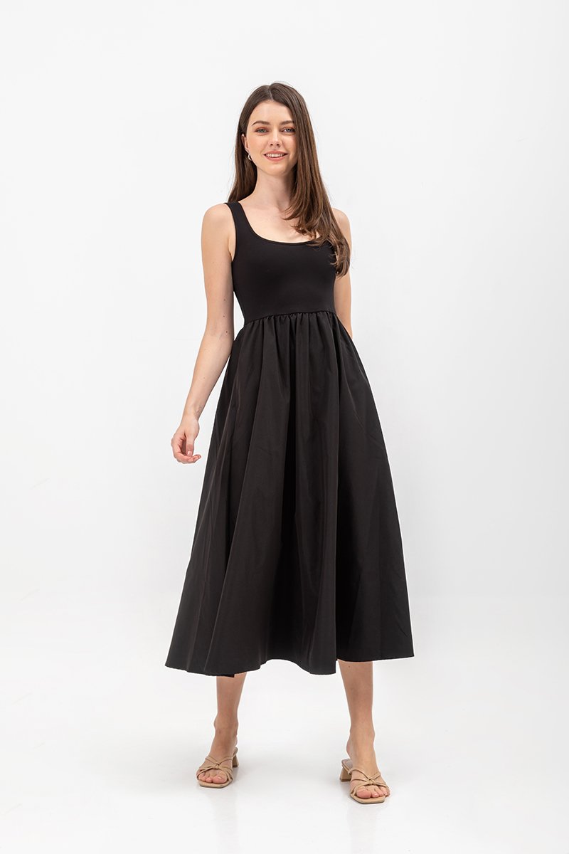 ADORA CONTRAST FABRIC SCOOPNECK MIDI DRESS