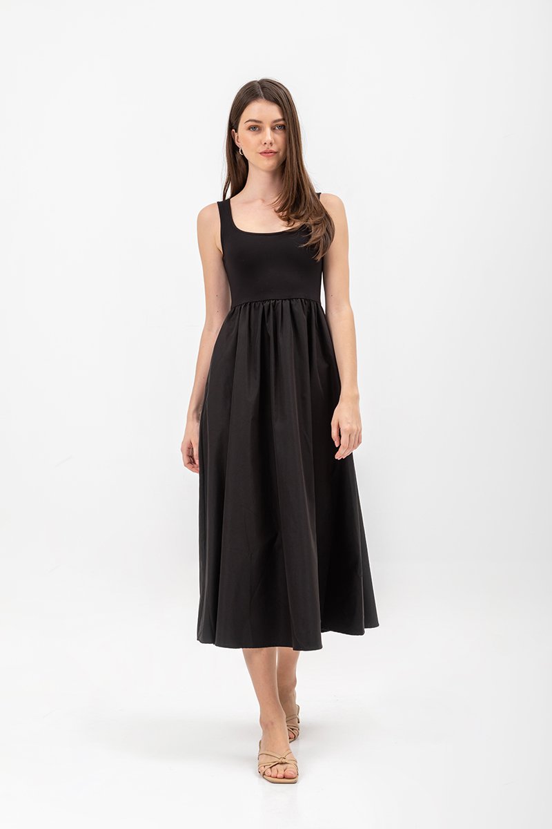 ADORA CONTRAST FABRIC SCOOPNECK MIDI DRESS