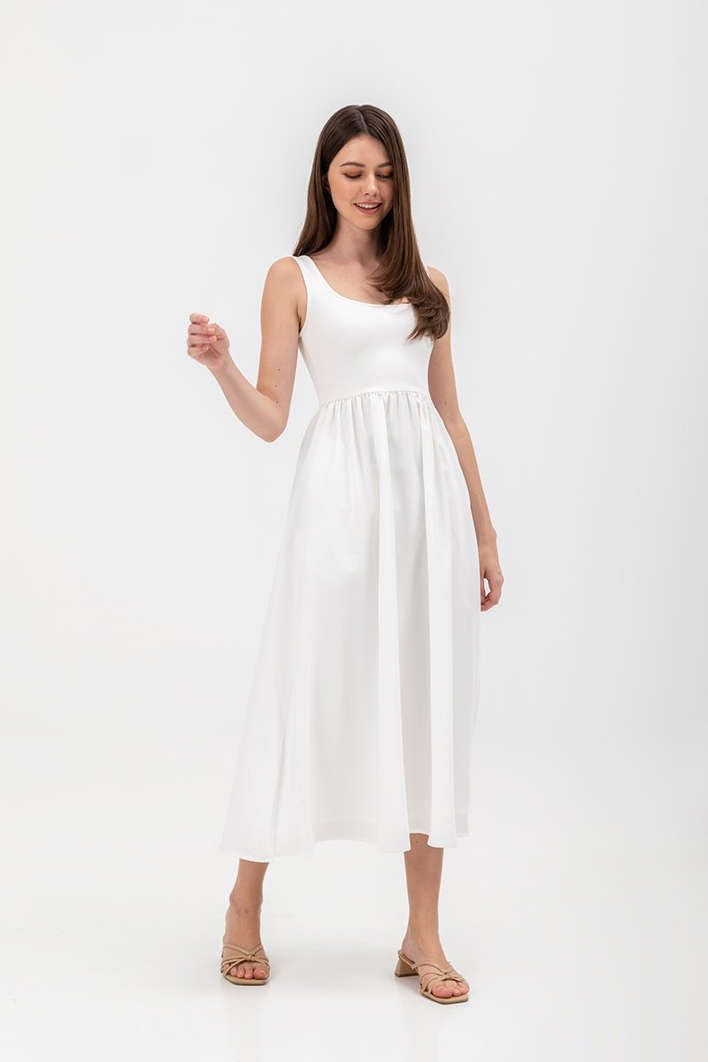 ADORA CONTRAST FABRIC SCOOPNECK MIDI DRESS