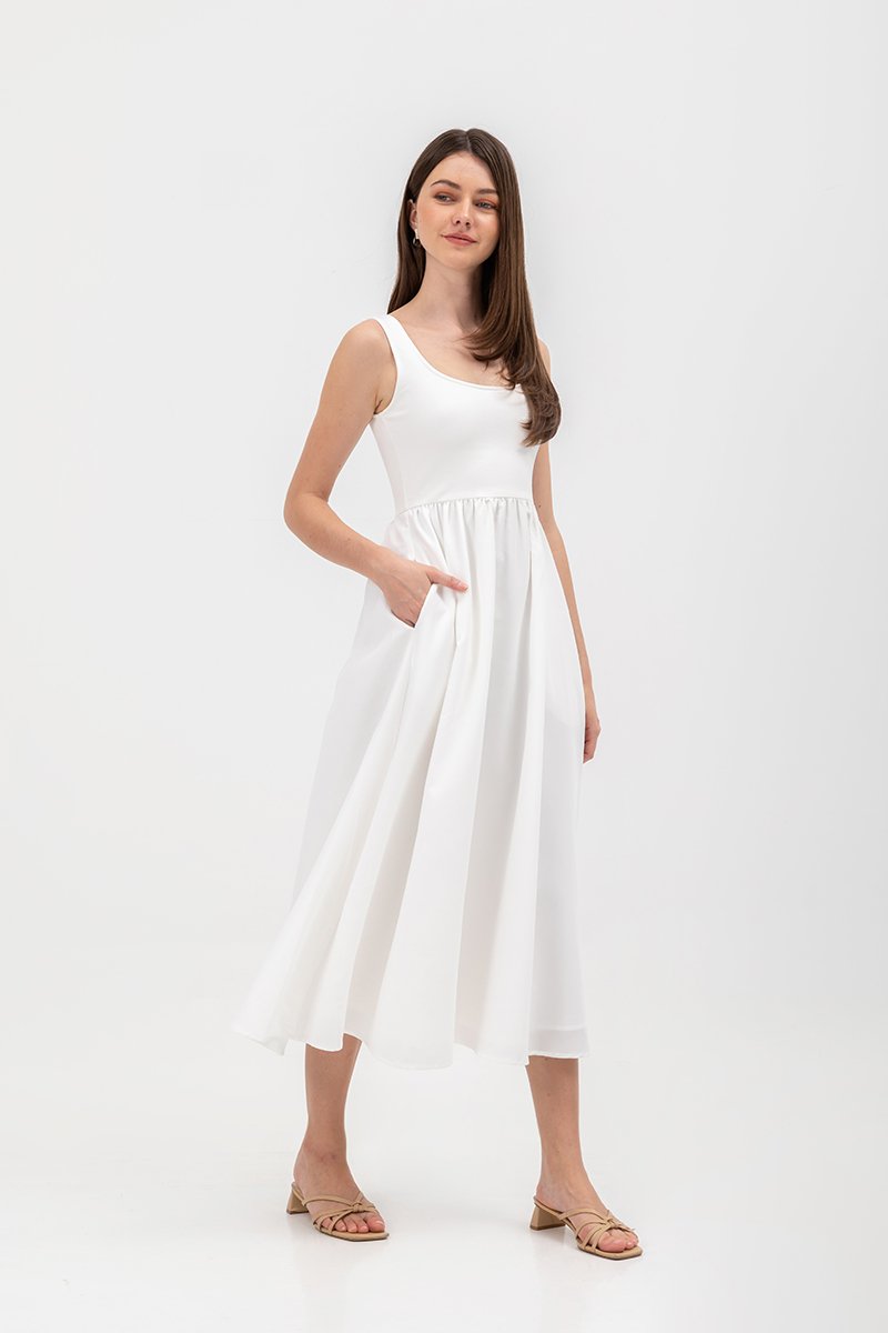 ADORA CONTRAST FABRIC SCOOPNECK MIDI DRESS