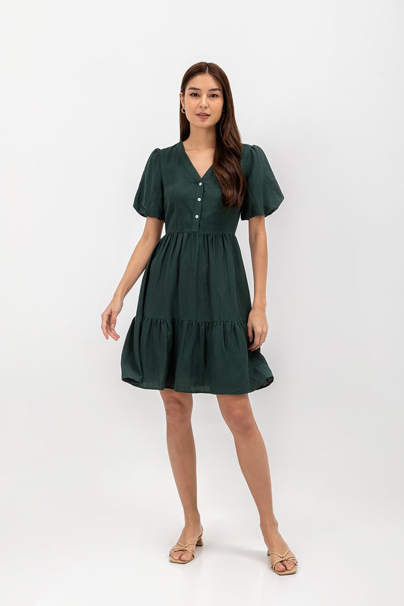 GRETAL V NECK BUTTONDOWN TIERED MINI LINEN DRESS