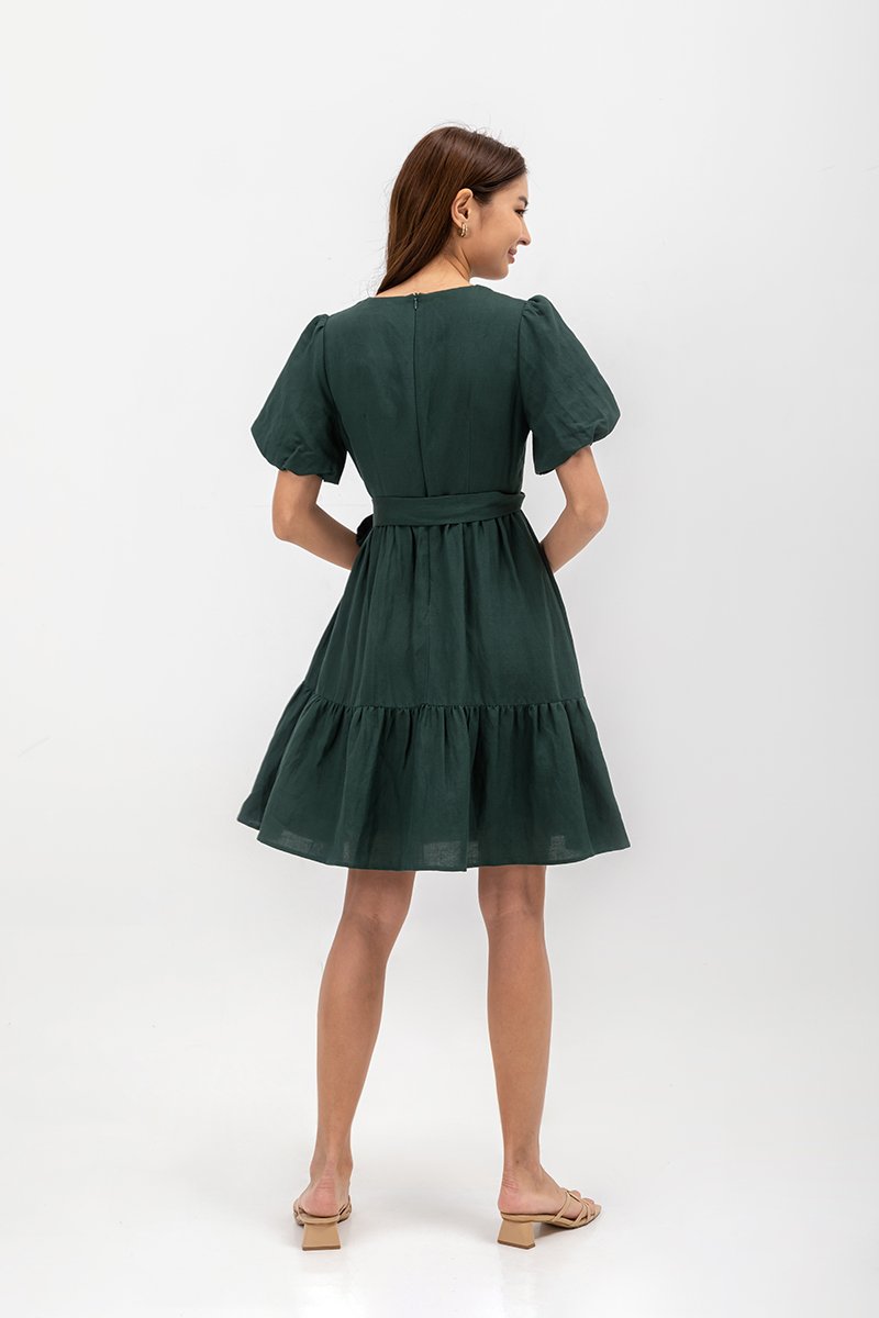  GRETAL V NECK BUTTONDOWN TIERED MINI LINEN DRESS