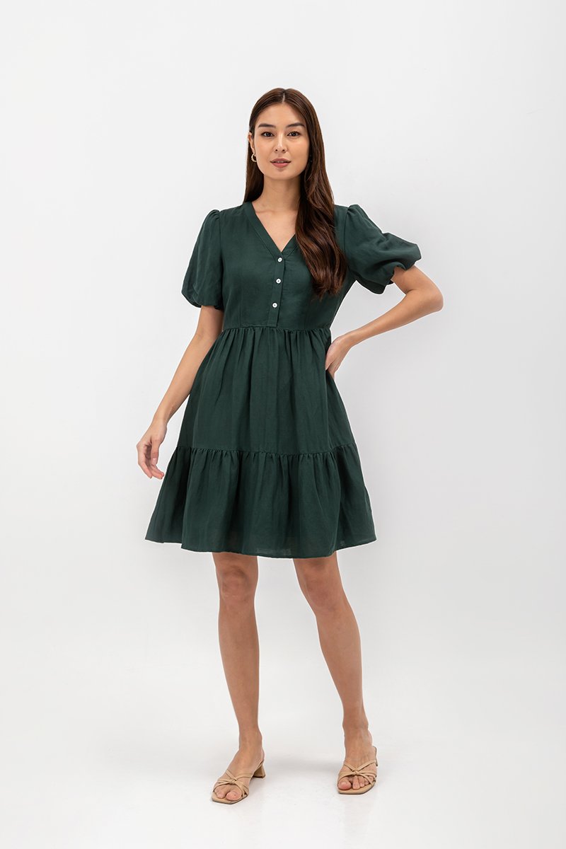  GRETAL V NECK BUTTONDOWN TIERED MINI LINEN DRESS