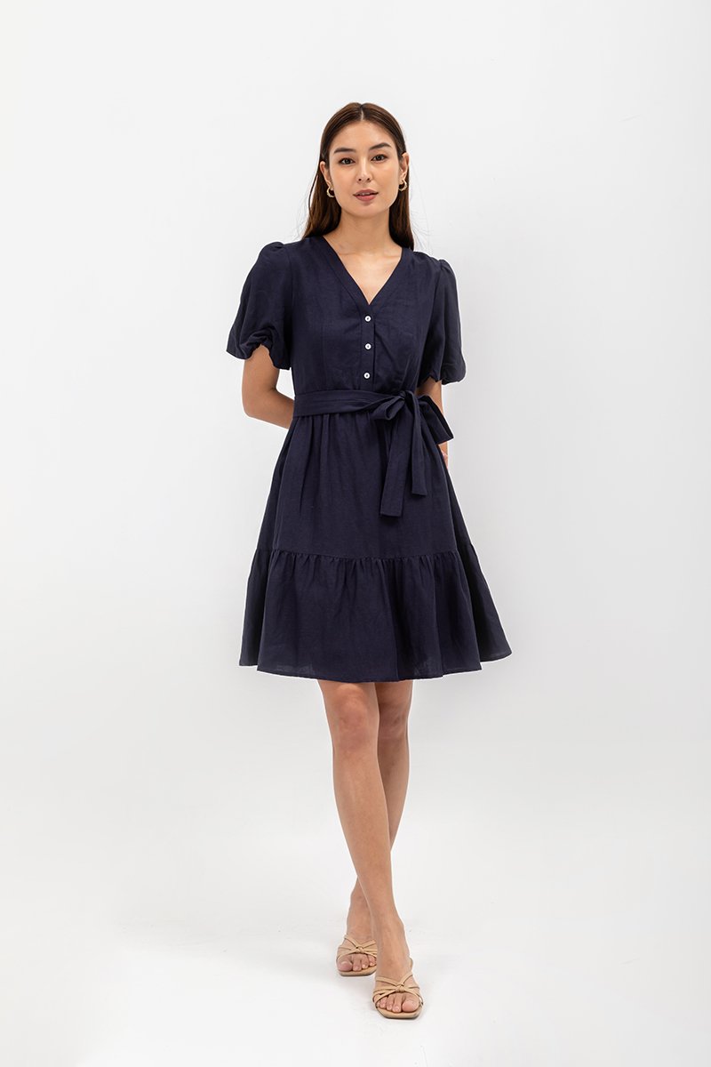  GRETAL V NECK BUTTONDOWN TIERED MINI LINEN DRESS