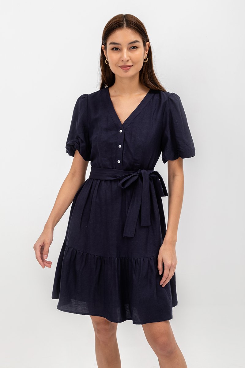  GRETAL V NECK BUTTONDOWN TIERED MINI LINEN DRESS