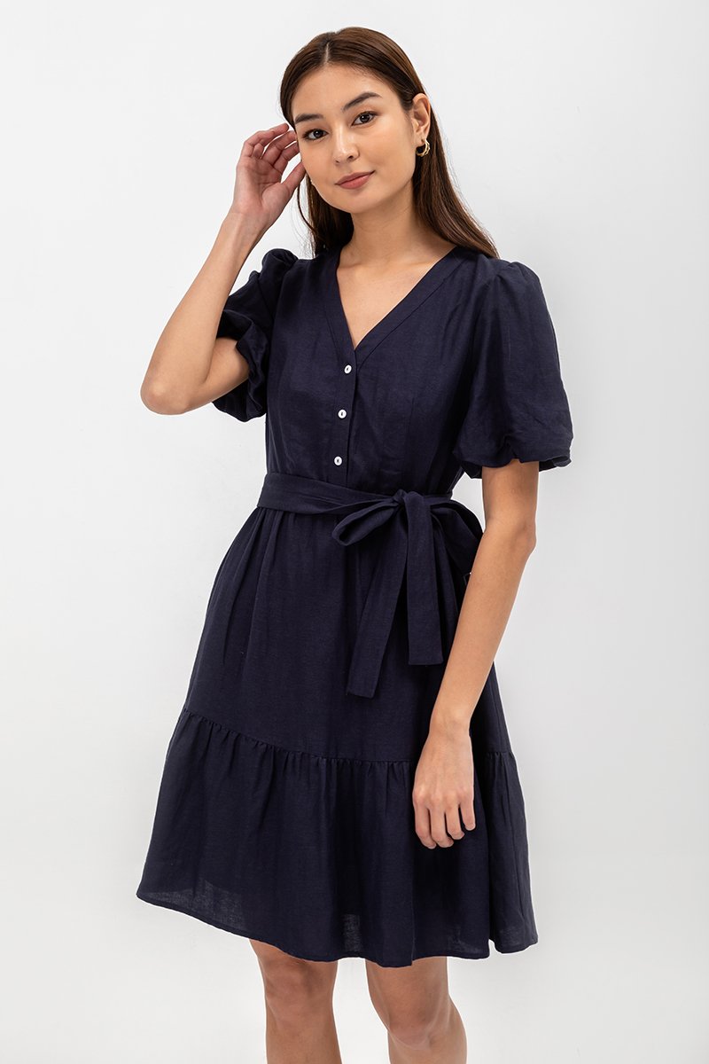 GRETAL V NECK BUTTONDOWN TIERED MINI LINEN DRESS