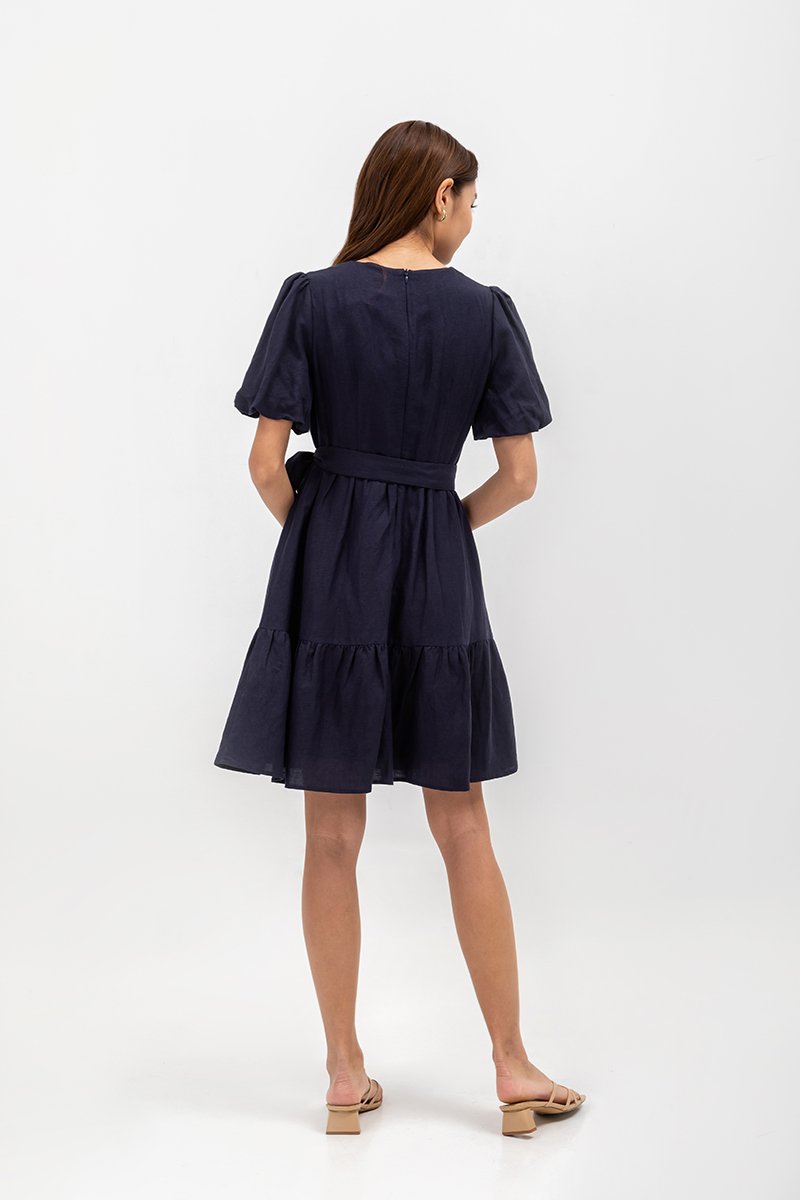  GRETAL V NECK BUTTONDOWN TIERED MINI LINEN DRESS