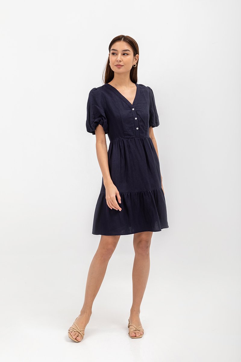  GRETAL V NECK BUTTONDOWN TIERED MINI LINEN DRESS