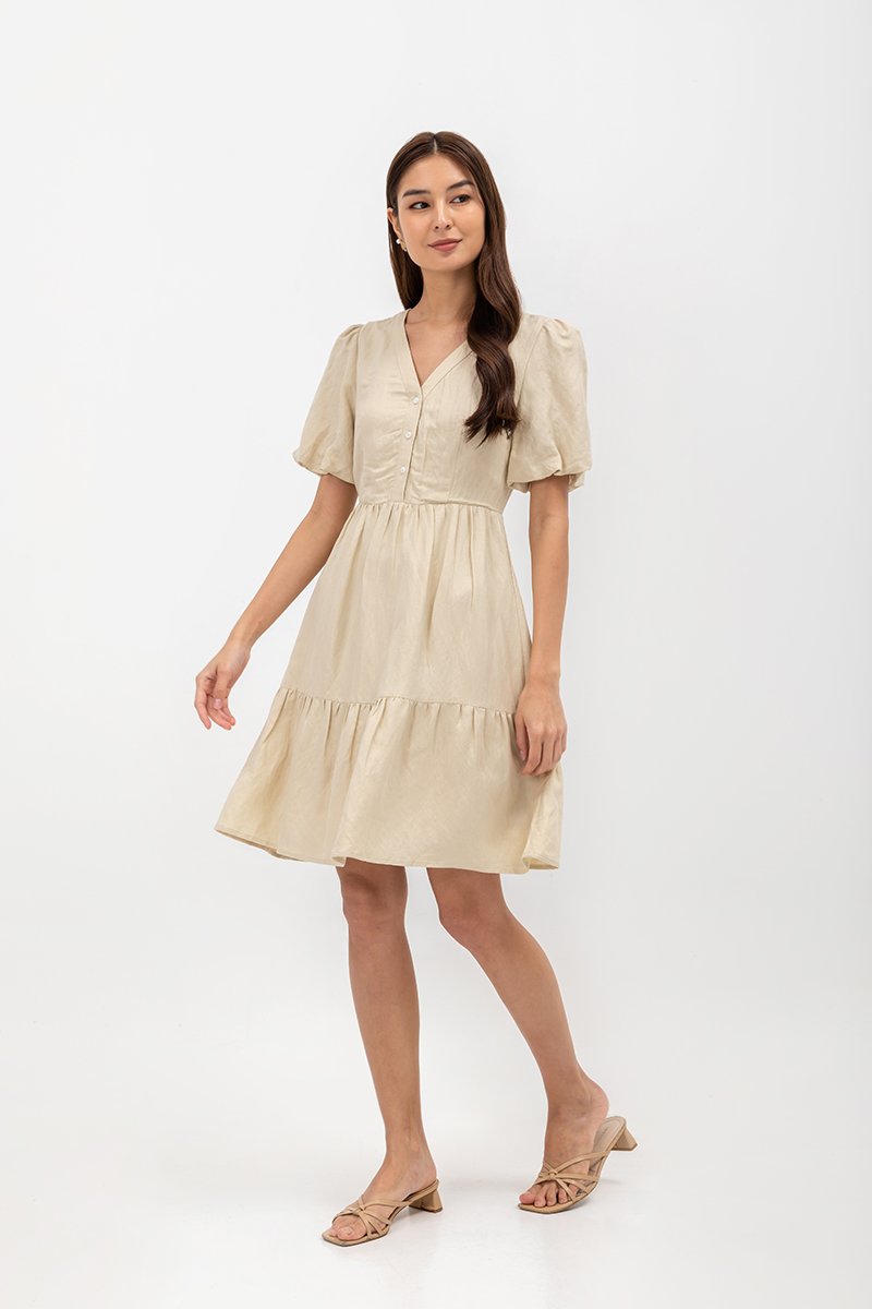  GRETAL V NECK BUTTONDOWN TIERED MINI LINEN DRESS