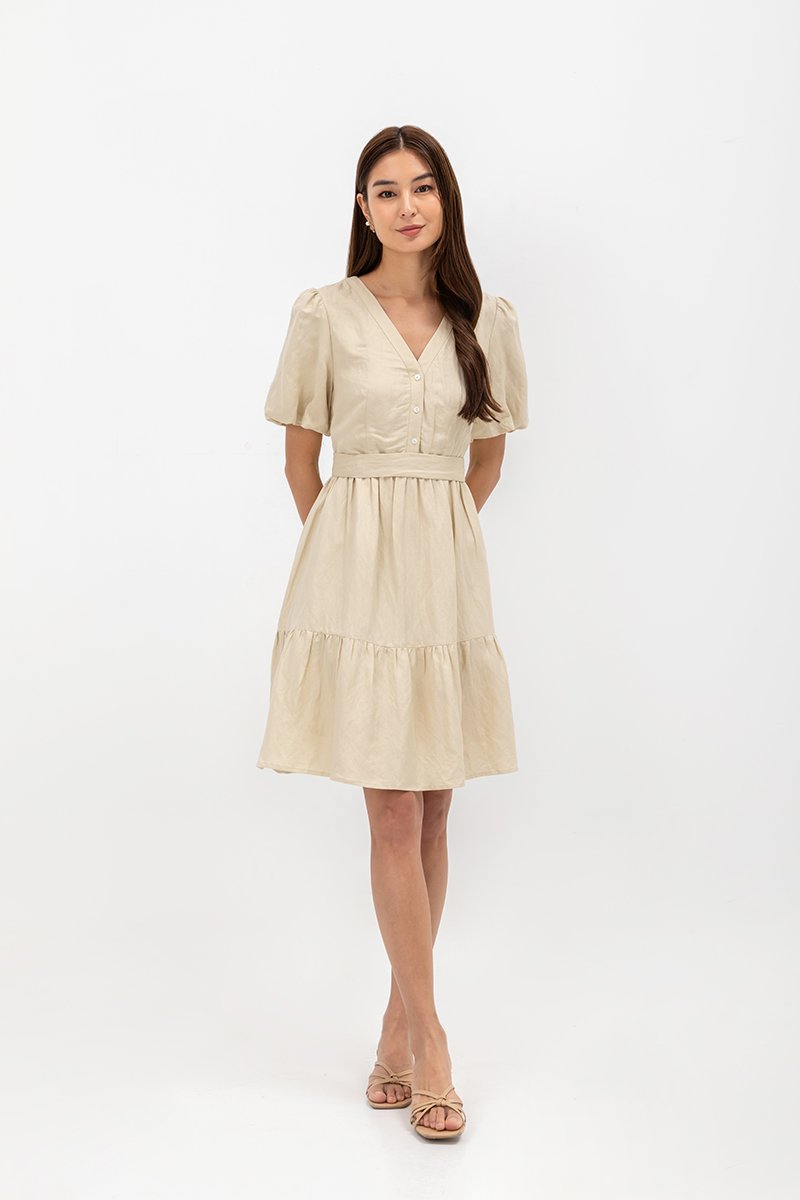  GRETAL V NECK BUTTONDOWN TIERED MINI LINEN DRESS