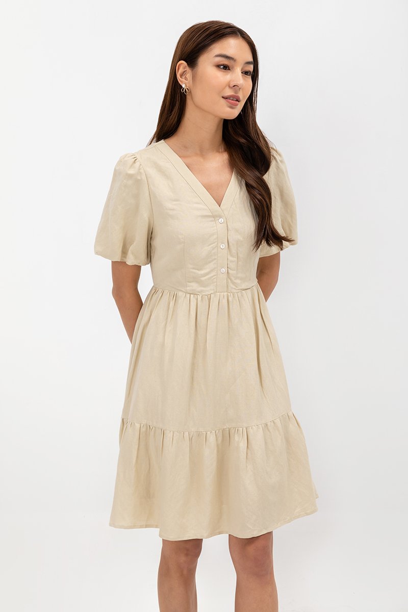  GRETAL V NECK BUTTONDOWN TIERED MINI LINEN DRESS