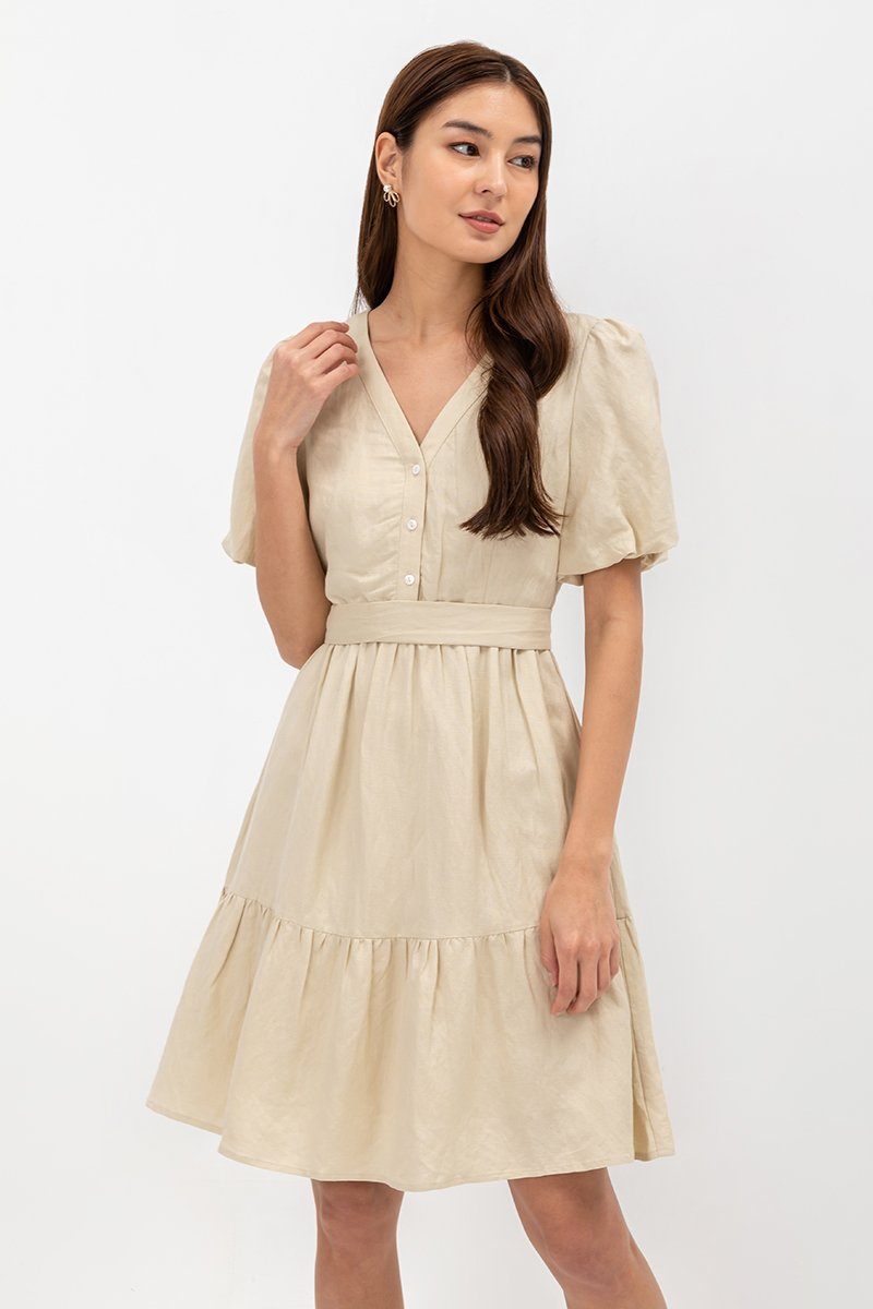  GRETAL V NECK BUTTONDOWN TIERED MINI LINEN DRESS