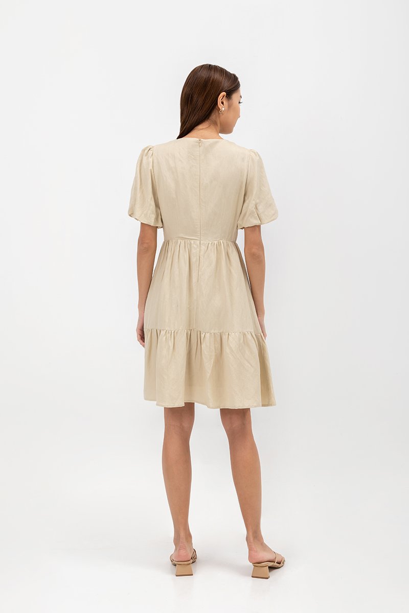  GRETAL V NECK BUTTONDOWN TIERED MINI LINEN DRESS