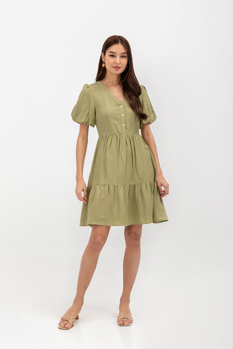  GRETAL V NECK BUTTONDOWN TIERED MINI LINEN DRESS