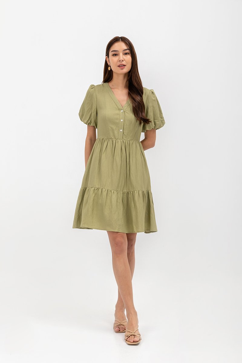  GRETAL V NECK BUTTONDOWN TIERED MINI LINEN DRESS