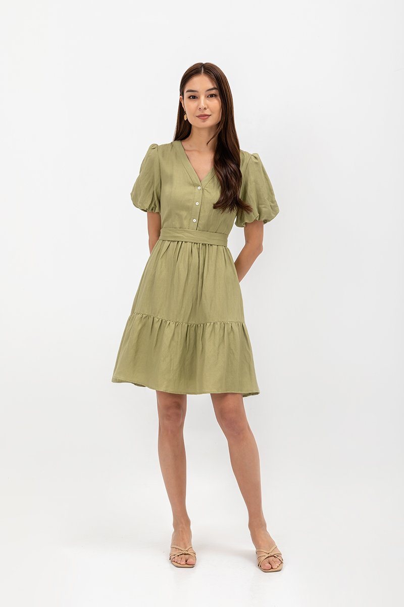  GRETAL V NECK BUTTONDOWN TIERED MINI LINEN DRESS